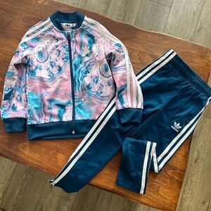 Kids Adidas Pink and Blue Sweatpants Size S (4-5)